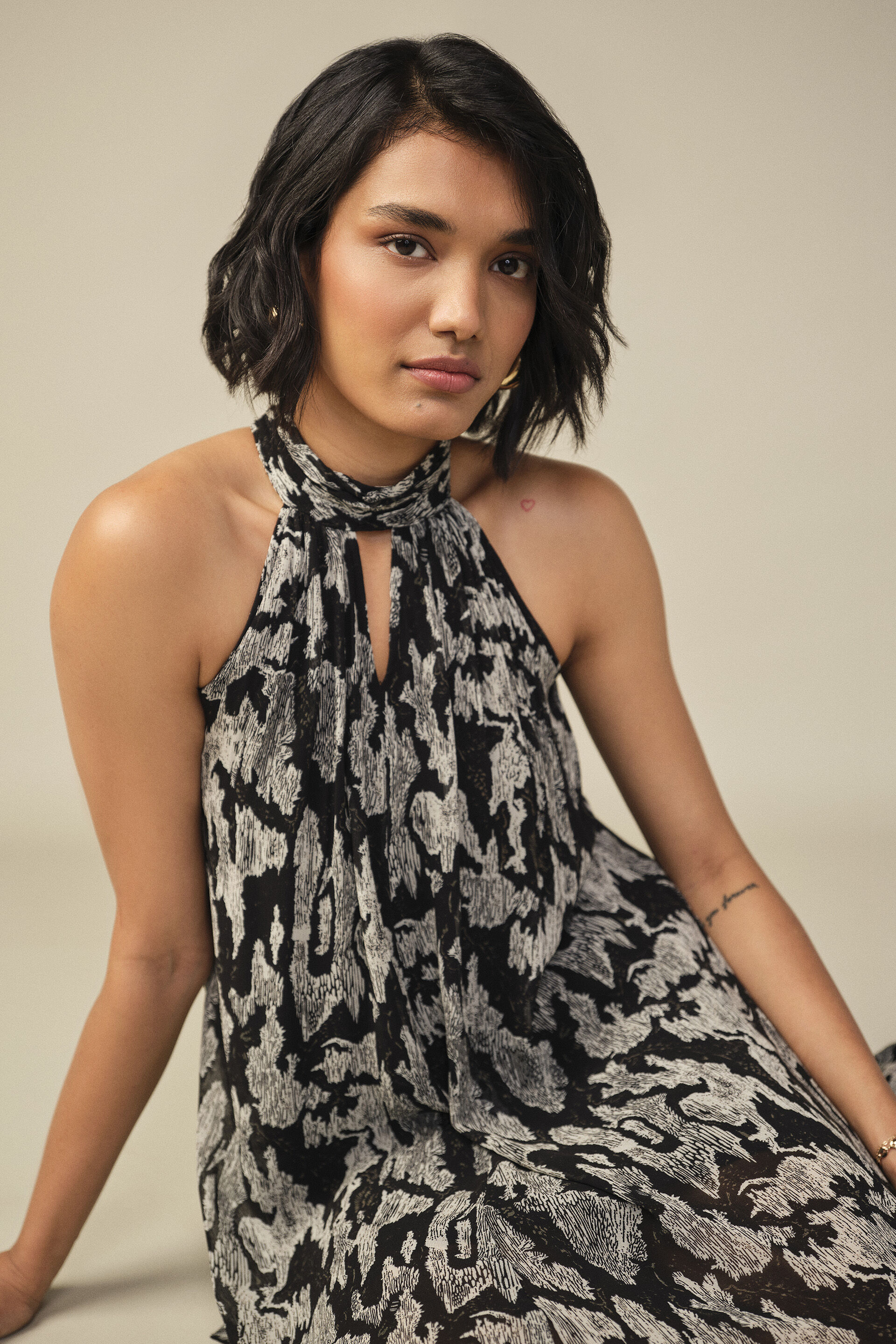 Floral Print Halter Neck Dress in Black, Black, image 3